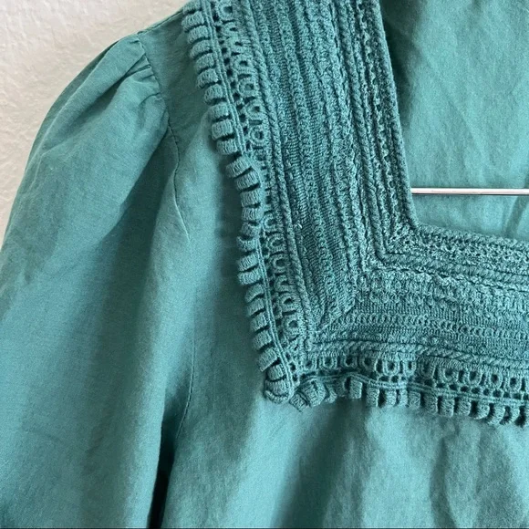 Zara Teal Square Neck Embroidered Blouse Sz M - Picture 2 of 6